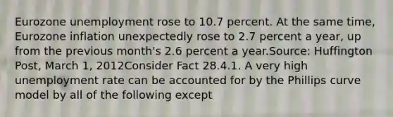 Eurozone unemployment rose to 10.7 percent. At the same time, Eurozone inflation unexpectedly rose to 2.7 percent a year, up from the previous month's 2.6 percent a year.Source: Huffington Post, March 1, 2012Consider Fact 28.4.1. A very high unemployment rate can be accounted for by the Phillips curve model by all of the following except
