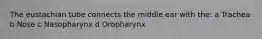 The eustachian tube connects the middle ear with the: a Trachea b Nose c Nasopharynx d Oropharynx