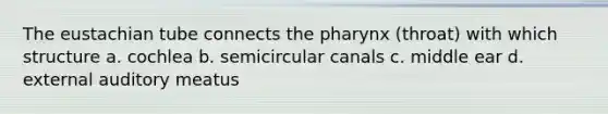 The eustachian tube connects the pharynx (throat) with which structure a. cochlea b. semicircular canals c. middle ear d. external auditory meatus