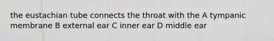 the eustachian tube connects the throat with the A tympanic membrane B external ear C inner ear D middle ear