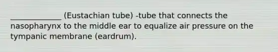 _____________ (Eustachian tube) -tube that connects the nasopharynx to the middle ear to equalize air pressure on the tympanic membrane (eardrum).