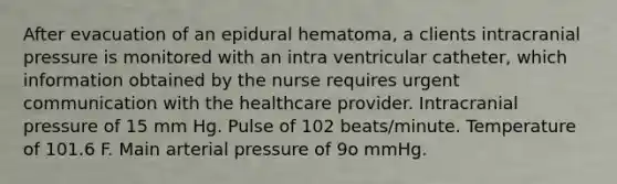 After evacuation of an epidural hematoma, a clients intracranial pressure is monitored with an intra ventricular catheter, which information obtained by the nurse requires urgent communication with the healthcare provider. Intracranial pressure of 15 mm Hg. Pulse of 102 beats/minute. Temperature of 101.6 F. Main arterial pressure of 9o mmHg.