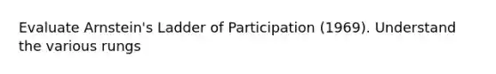 Evaluate Arnstein's Ladder of Participation (1969). Understand the various rungs