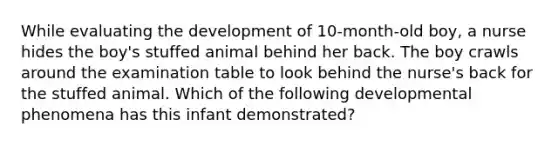 While evaluating the development of 10-month-old boy, a nurse hides the boy's stuffed animal behind her back. The boy crawls around the examination table to look behind the nurse's back for the stuffed animal. Which of the following developmental phenomena has this infant demonstrated?