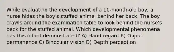 While evaluating the development of a 10-month-old boy, a nurse hides the boy's stuffed animal behind her back. The boy crawls around the examination table to look behind the nurse's back for the stuffed animal. Which developmental phenomena has this infant demonstrated? A) Hand regard B) Object permanence C) Binocular vision D) Depth perception