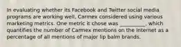 In evaluating whether its Facebook and Twitter social media programs are working well, Carmex considered using various marketing metrics. One metric it chose was __________, which quantifies the number of Carmex mentions on the Internet as a percentage of all mentions of major lip balm brands.