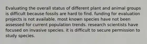 Evaluating the overall status of different plant and animal groups is difficult because fossils are hard to find. funding for evaluation projects is not available. most known species have not been assessed for current population trends. research scientists have focused on invasive species. it is difficult to secure permission to study species.