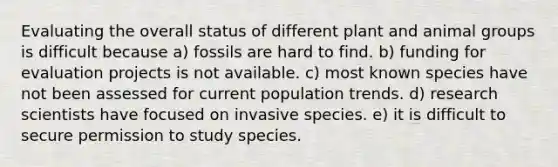 Evaluating the overall status of different plant and animal groups is difficult because a) fossils are hard to find. b) funding for evaluation projects is not available. c) most known species have not been assessed for current population trends. d) research scientists have focused on invasive species. e) it is difficult to secure permission to study species.