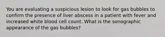 You are evaluating a suspicious lesion to look for gas bubbles to confirm the presence of liver abscess in a patient with fever and increased white blood cell count. What is the sonographic appearance of the gas bubbles?