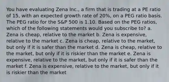 You have evaluating Zena Inc., a firm that is trading at a PE ratio of 15, with an expected growth rate of 20%, on a PEG ratio basis. The PEG ratio for the S&P 500 is 1.10. Based on the PEG ratios, which of the following statements would you subscribe to? a. Zena is cheap, relative to the market b. Zena is expensive, relative to the market c. Zena is cheap, relative to the market, but only if it is safer than the market d. Zena is cheap, relative to the market, but only if it is riskier than the market e. Zena is expensive, relative to the market, but only if it is safer than the market f. Zena is expensive, relative to the market, but only if it is riskier than the market