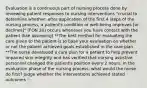 Evaluation is a continuous part of nursing process done by reviewing patient responses to nursing interventions "crucial to determine whether, after application of the first 4 steps of the nursing process, a patient's condition or well-being improves [or declines]" (FON 20) occurs whenever you have contact with the patient (like assessing) **The best method for evaluating the care given to the patient is to base your evaluation on whether or not the patient achieved goals established in the care plan **The nurse developed a care plan for a patient to help prevent impaired skin integrity and has verified that nursing assistive personnel changed the patient's position every 2 hours. In the evaluation phase of the nursing process, what would the nurse do first? Judge whether the interventions achieved stated outcomes