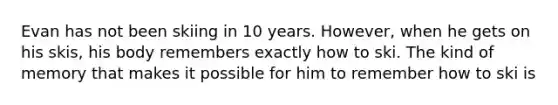Evan has not been skiing in 10 years. However, when he gets on his skis, his body remembers exactly how to ski. The kind of memory that makes it possible for him to remember how to ski is