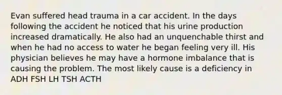 Evan suffered head trauma in a car accident. In the days following the accident he noticed that his urine production increased dramatically. He also had an unquenchable thirst and when he had no access to water he began feeling very ill. His physician believes he may have a hormone imbalance that is causing the problem. The most likely cause is a deficiency in ADH FSH LH TSH ACTH