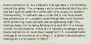 Evara Cosmetics Inc. is a company that operates in 20 countries around the globe. The company clearly understands that the skin and hair type of customers varies from one country to another. Consequently, its products are customized to suit local needs and preferences of customers, even though the costs incurred while producing these products are exceptionally high. This strategy helps the company behave as a local firm in a foreign market. In this scenario, which of the following strategies does Evara Cosmetics Inc. most likely implement? A. a multidomestic strategy B. an international strategy C. a global-standardization strategy D. a one-product strategy