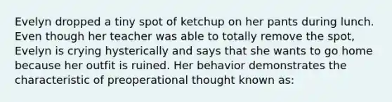 Evelyn dropped a tiny spot of ketchup on her pants during lunch. Even though her teacher was able to totally remove the spot, Evelyn is crying hysterically and says that she wants to go home because her outfit is ruined. Her behavior demonstrates the characteristic of preoperational thought known as: