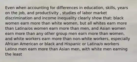 Even when accounting for differences in education, skills, years on the job, and productivity , studies of labor market discrimination and income inequality clearly show that: black women earn more than white women, but all whites earn more than Latina/os women earn more than men, and Asian women earn more than any other group men earn more than women, and white workers earn more than non-white workers, especially African American or black and Hispanic or Latina/o workers Latino men earn more than Asian men, with white men earning the least