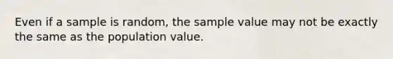 Even if a sample is random, the sample value may not be exactly the same as the population value.