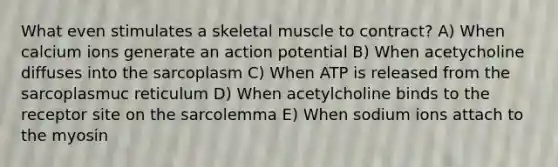 What even stimulates a skeletal muscle to contract? A) When calcium ions generate an action potential B) When acetycholine diffuses into the sarcoplasm C) When ATP is released from the sarcoplasmuc reticulum D) When acetylcholine binds to the receptor site on the sarcolemma E) When sodium ions attach to the myosin