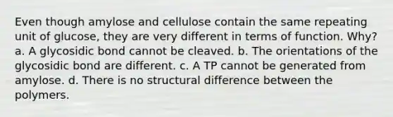 Even though amylose and cellulose contain the same repeating unit of glucose, they are very different in terms of function. Why? a. A glycosidic bond cannot be cleaved. b. The orientations of the glycosidic bond are different. c. A TP cannot be generated from amylose. d. There is no structural difference between the polymers.