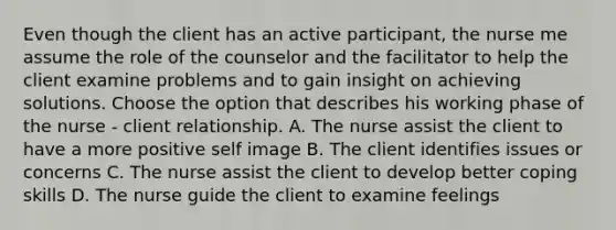 Even though the client has an active participant, the nurse me assume the role of the counselor and the facilitator to help the client examine problems and to gain insight on achieving solutions. Choose the option that describes his working phase of the nurse - client relationship. A. The nurse assist the client to have a more positive self image B. The client identifies issues or concerns C. The nurse assist the client to develop better coping skills D. The nurse guide the client to examine feelings