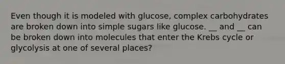 Even though it is modeled with glucose, complex carbohydrates are broken down into simple sugars like glucose. __ and __ can be broken down into molecules that enter the Krebs cycle or glycolysis at one of several places?