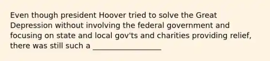 Even though president Hoover tried to solve the Great Depression without involving the federal government and focusing on state and local gov'ts and charities providing relief, there was still such a __________________