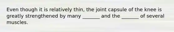 Even though it is relatively thin, the joint capsule of the knee is greatly strengthened by many _______ and the _______ of several muscles.