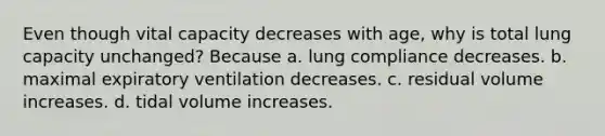 Even though vital capacity decreases with age, why is total lung capacity unchanged? Because a. lung compliance decreases. b. maximal expiratory ventilation decreases. c. residual volume increases. d. tidal volume increases.