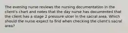 The evening nurse reviews the nursing documentation in the client's chart and notes that the day nurse has documented that the client has a stage 2 pressure ulcer in the sacral area. Which should the nurse expect to find when checking the client's sacral area?