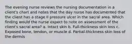 The evening nurse reviews the nursing documentation in a client's chart and notes that the day nurse has documented that the client has a stage II pressure ulcer in the sacral area. Which finding would the nurse expect to note on assessment of the client's sacral area? a. Intact skin b. Full-thickness skin loss c. Exposed bone, tendon, or muscle d. Partial-thickness skin loss of the dermis