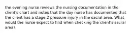 the evening nurse reviews the nursing documentation in the client's chart and notes that the day nurse has documented that the client has a stage 2 pressure injury in the sacral area. What would the nurse expect to find when checking the client's sacral area?