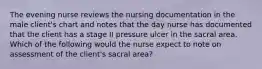 The evening nurse reviews the nursing documentation in the male client's chart and notes that the day nurse has documented that the client has a stage II pressure ulcer in the sacral area. Which of the following would the nurse expect to note on assessment of the client's sacral area?