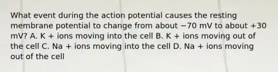 What event during the action potential causes the resting membrane potential to change from about −70 mV to about +30 mV? A. K + ions moving into the cell B. K + ions moving out of the cell C. Na + ions moving into the cell D. Na + ions moving out of the cell