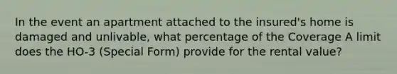 In the event an apartment attached to the insured's home is damaged and unlivable, what percentage of the Coverage A limit does the HO-3 (Special Form) provide for the rental value?