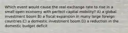 Which event would cause the real exchange rate to rise in a small open economy with perfect capital mobility? A) a global investment boom B) a fiscal expansion in many large foreign countries C) a domestic investment boom D) a reduction in the domestic budget deficit