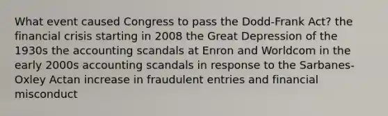 What event caused Congress to pass the Dodd-Frank Act? the financial crisis starting in 2008 the Great Depression of the 1930s the accounting scandals at Enron and Worldcom in the early 2000s accounting scandals in response to the Sarbanes-Oxley Actan increase in fraudulent entries and financial misconduct