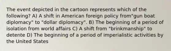 The event depicted in the cartoon represents which of the following? A) A shift in American foreign policy from"gun boat diplomacy" to "dollar diplomacy". B) The beginning of a period of isolation from world affairs C) A shift from "brinkmanship" to detente D) The beginning of a period of imperialistic activities by the United States