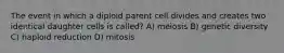 The event in which a diploid parent cell divides and creates two identical daughter cells is called? A) meiosis B) genetic diversity C) haploid reduction D) mitosis