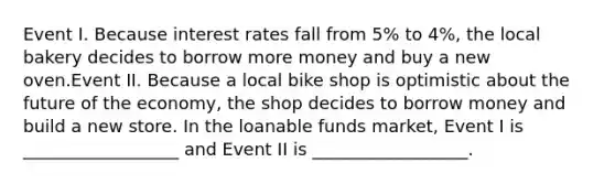 Event I. Because interest rates fall from 5% to 4%, the local bakery decides to borrow more money and buy a new oven.Event II. Because a local bike shop is optimistic about the future of the economy, the shop decides to borrow money and build a new store. In the loanable funds market, Event I is __________________ and Event II is __________________.