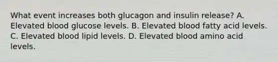 What event increases both glucagon and insulin release? A. Elevated blood glucose levels. B. Elevated blood fatty acid levels. C. Elevated blood lipid levels. D. Elevated blood amino acid levels.