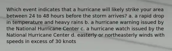 Which event indicates that a hurricane will likely strike your area between 24 to 48 hours before the storm arrives? a. a rapid drop in temperature and heavy rains b. a hurricane warning issued by the National Hurricane Center c. a hurricane watch issued by the National Hurricane Center d. easterly or northeasterly winds with speeds in excess of 30 knots