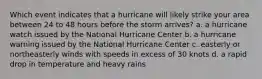 Which event indicates that a hurricane will likely strike your area between 24 to 48 hours before the storm arrives? a. a hurricane watch issued by the National Hurricane Center b. a hurricane warning issued by the National Hurricane Center c. easterly or northeasterly winds with speeds in excess of 30 knots d. a rapid drop in temperature and heavy rains