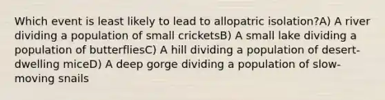 Which event is least likely to lead to allopatric isolation?A) A river dividing a population of small cricketsB) A small lake dividing a population of butterfliesC) A hill dividing a population of desert-dwelling miceD) A deep gorge dividing a population of slow-moving snails