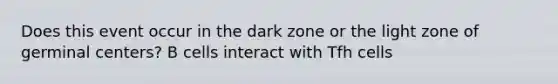 Does this event occur in the dark zone or the light zone of germinal centers? B cells interact with Tfh cells