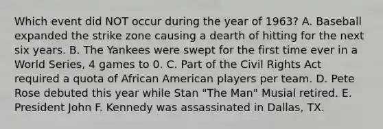 Which event did NOT occur during the year of 1963? A. Baseball expanded the strike zone causing a dearth of hitting for the next six years. B. The Yankees were swept for the first time ever in a World Series, 4 games to 0. C. Part of the <a href='https://www.questionai.com/knowledge/kkdJLQddfe-civil-rights' class='anchor-knowledge'>civil rights</a> Act required a quota of African American players per team. D. Pete Rose debuted this year while Stan "The Man" Musial retired. E. President John F. Kennedy was assassinated in Dallas, TX.