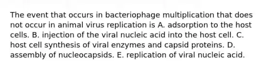 The event that occurs in bacteriophage multiplication that does not occur in animal virus replication is A. adsorption to the host cells. B. injection of the viral nucleic acid into the host cell. C. host cell synthesis of viral enzymes and capsid proteins. D. assembly of nucleocapsids. E. replication of viral nucleic acid.