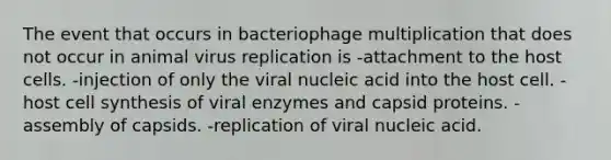 The event that occurs in bacteriophage multiplication that does not occur in animal virus replication is -attachment to the host cells. -injection of only the viral nucleic acid into the host cell. -host cell synthesis of viral enzymes and capsid proteins. -assembly of capsids. -replication of viral nucleic acid.