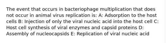 The event that occurs in bacteriophage multiplication that does not occur in animal virus replication is: A: Adsorption to the host cells B: Injection of only the viral nucleic acid into the host cell C: Host cell synthesis of viral enzymes and capsid proteins D: Assembly of nucleocapsids E: Replication of viral nucleic acid