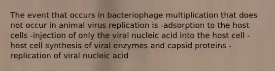 The event that occurs in bacteriophage multiplication that does not occur in animal virus replication is -adsorption to the host cells -injection of only the viral nucleic acid into the host cell -host cell synthesis of viral enzymes and capsid proteins -replication of viral nucleic acid