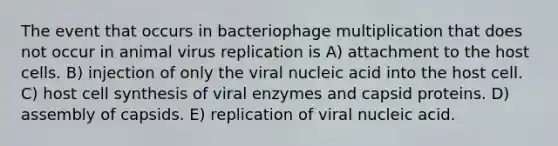 The event that occurs in bacteriophage multiplication that does not occur in animal virus replication is A) attachment to the host cells. B) injection of only the viral nucleic acid into the host cell. C) host cell synthesis of viral enzymes and capsid proteins. D) assembly of capsids. E) replication of viral nucleic acid.